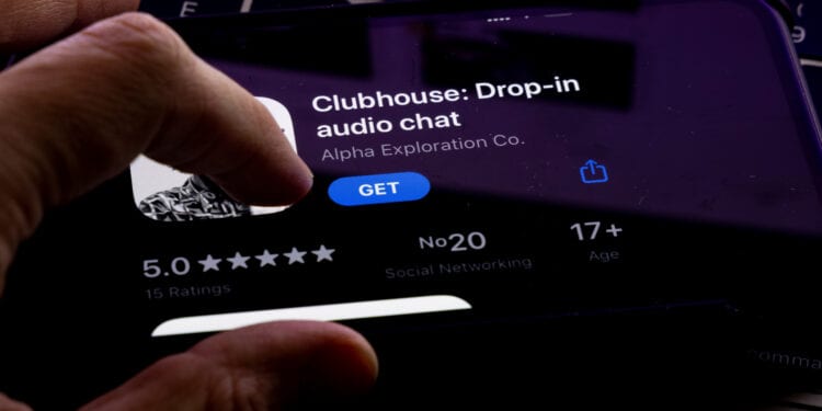 Clubhouse application view on the smartphone, controversy 2021 that hides behind the Social app. Clubhouse drop in audio chat application view on the smartphone
