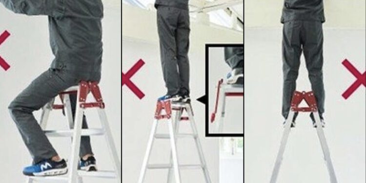 Três formas erradas de usar uma escada doméstica. Reprodução/Hasegawa Kogyo.