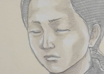 Ilustração de Himeka Tooya no tribunal em Aichi. Reprodução / FNN.