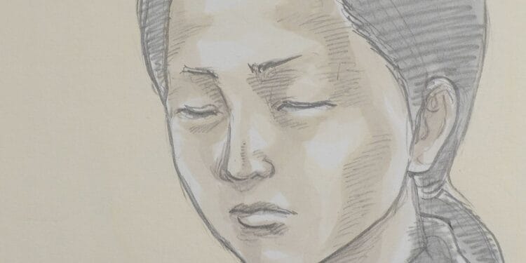 Ilustração de Himeka Tooya no tribunal em Aichi. Reprodução / FNN.