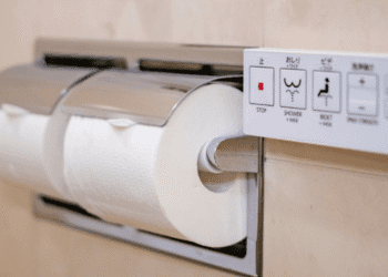 Close-up of a bathroom toilet area showing a wall control panel beside a toilet paper roll holder with a white roll.