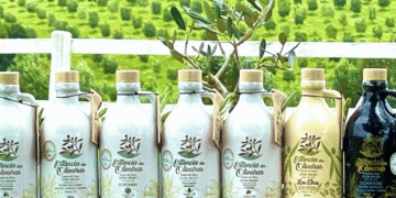 Row of olive oil bottles with olive tree branding arranged on a table against a green field backdrop