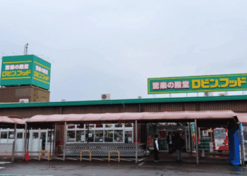 Storefront with green signs and Japanese text, pink canopy over cart area, several people near the entrance.