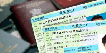 Two Japanese residence cards with personal details, showing names Nguyễn Văn Sample and Phạm Văn Nam Sample, on a blurred background.