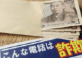Anti-fraud poster in Japanese warning about scam calls, with a stack of cash visible beside an envelope.