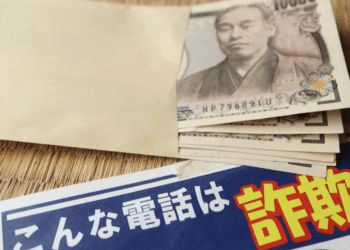 Anti-fraud poster in Japanese warning about scam calls, with a stack of cash visible beside an envelope.