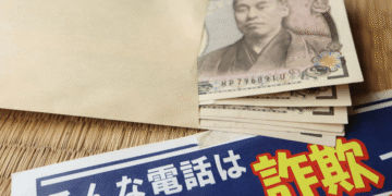 Anti-fraud poster in Japanese warning about scam calls, with a stack of cash visible beside an envelope.