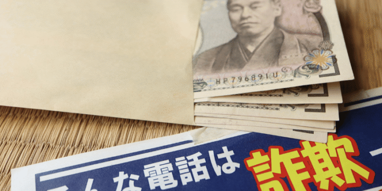 Idoso perde 870 milhões de ienes em fraude de investimento em Aichi e expõe risco crescente de golpes digitais - ThingsOut Anti-fraud poster in Japanese warning about scam calls, with a stack of cash visible beside an envelope.