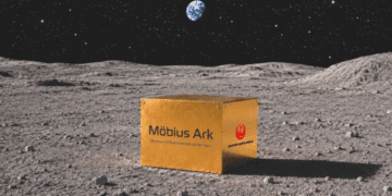 Orange box labeled Möbius Ark on a lunar landscape with Earth and stars above.