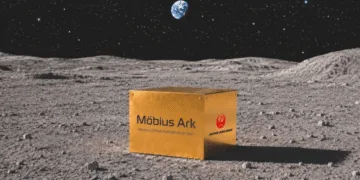 Orange box labeled Möbius Ark on a lunar landscape with Earth and stars above.