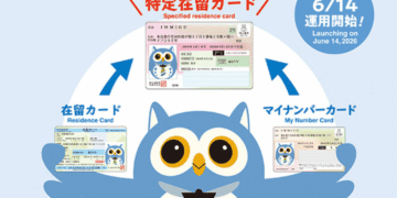 Japão cria cartão unificado para Zairyu Card e My Number de residentes estrangeiros - ThingsOut Blue owl mascot with three example cards around it: a Residence Card on the left, a My Number Card on the right, and a Specified Residence Card above, with launch date June 14, 2026.
