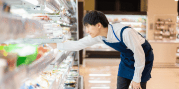 Man in a blue apron reaches into a grocery store refrigerated shelf to pick an item.