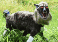 Robotic, fur-covered monkey with red eyes standing in tall grass, mouth open as if roaring.