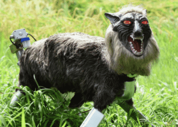 Robotic, fur-covered monkey with red eyes standing in tall grass, mouth open as if roaring.