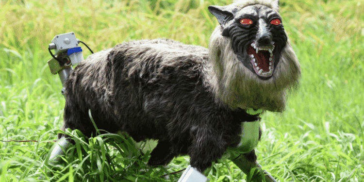 Robotic, fur-covered monkey with red eyes standing in tall grass, mouth open as if roaring.
