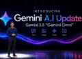 Presenter on stage introducing Gemini AI Updates, Gemini 3.5 “Gemini Omni,” with icons for Text, Image, Audio, and Video beneath colorful light waves.