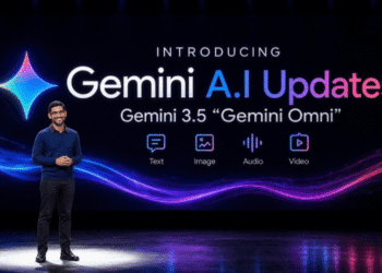 Presenter on stage introducing Gemini AI Updates, Gemini 3.5 “Gemini Omni,” with icons for Text, Image, Audio, and Video beneath colorful light waves.