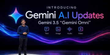 Presenter on stage introducing Gemini AI Updates, Gemini 3.5 “Gemini Omni,” with icons for Text, Image, Audio, and Video beneath colorful light waves.