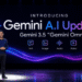 Presenter on stage introducing Gemini AI Updates, Gemini 3.5 “Gemini Omni,” with icons for Text, Image, Audio, and Video beneath colorful light waves.