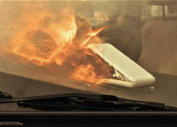Fire seen inside a vehicle through the windshield, engulfing a white rectangular object on the passenger side.