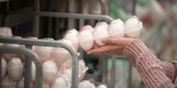 Person selecting a carton of white eggs from a store display shelf.