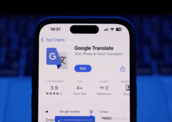 iPhone screen displaying Google Translate app listing in the App Store with a Get button and rating stars