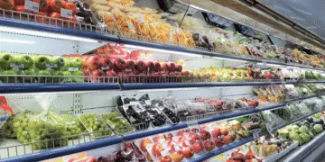 Rows of pre-cut fruit and fresh produce in a supermarket refrigerated display case, organized by type and color