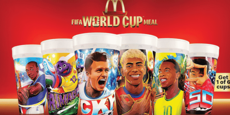 Limited edition McDonald's FIFA World Cup Meal cups featuring illustrated football players against a red backdrop, promoting a busy promo rail.