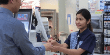 Cashier in a blue uniform hands a plastic bag to a customer at the checkout counter.