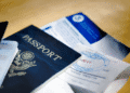 Novas restrições a estrangeiros podem prejudicar a imagem global do Japão - ThingsOut Blue US passport with embossed seal on a wooden table beside travel documents and tickets.