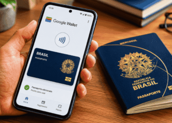 Hand holding a phone displaying Google Wallet with a Brazilian passport card, beside a real Brazil passport on a wooden desk.