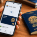 Hand holding a phone displaying Google Wallet with a Brazilian passport card, beside a real Brazil passport on a wooden desk.