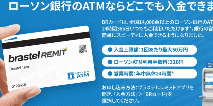 ローソン銀行ATMの入金サービスを宣伝する広告。左手でBRカードを掲げ、青い背景に条件が並ぶリストとスマホ画面のイメージが添えられている。