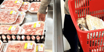 Person in a grocery store picking up trays of pink meat from a cold case while a red shopping basket sits nearby filled with packaged goods, shopper wearing a sweater and jeans.