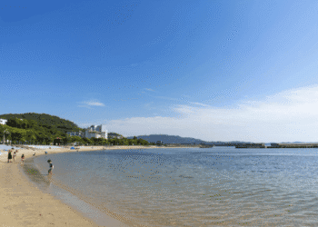 A calm riverside beach with people strolling along the shore and calm water, hills and buildings in the background under a clear blue sky.