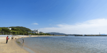 Praia de Aichi conquista nota máxima na qualidade da água pelo segundo ano seguido - ThingsOut A calm riverside beach with people strolling along the shore and calm water, hills and buildings in the background under a clear blue sky.