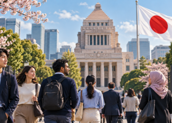 Diverse group of professionals walking toward a grand government building framed by cherry blossoms and a waving Japanese flag on the right.