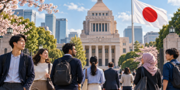 Diverse group of professionals walking toward a grand government building framed by cherry blossoms and a waving Japanese flag on the right.