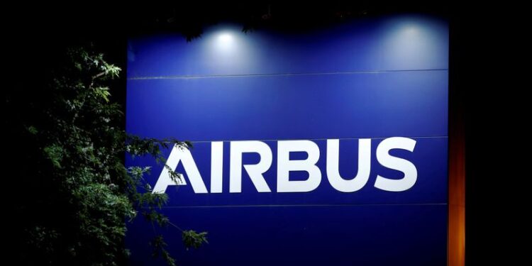 FILE PHOTO: A logo of Airbus is seen at the entrance of its factory in Blagnac near Toulouse