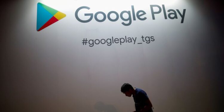 FILE PHOTO: The logo of Google Play is displayed at Tokyo Game Show 2019 in Chiba