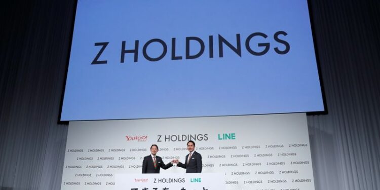 Co-CEOs of Z Holdings Kawabe and Idezawa hold a news conference in Tokyo