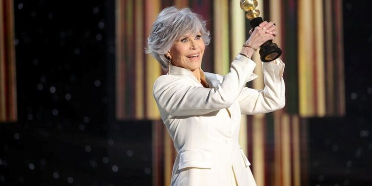 Jane Fonda accepts the Cecil B. DeMille Award in this handout photo from the 78th Annual Golden Globe Awards in Beverly Hills