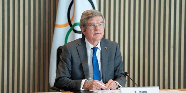 IOC President Bach welcomes participants to the virtual International Olympic Committee Executive Board in Lausanne