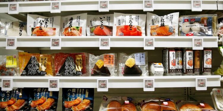 FILE PHOTO: Food products are displayed at Lawson Open Innovation center during an event introducing its next-generation convenience store model in Tokyo